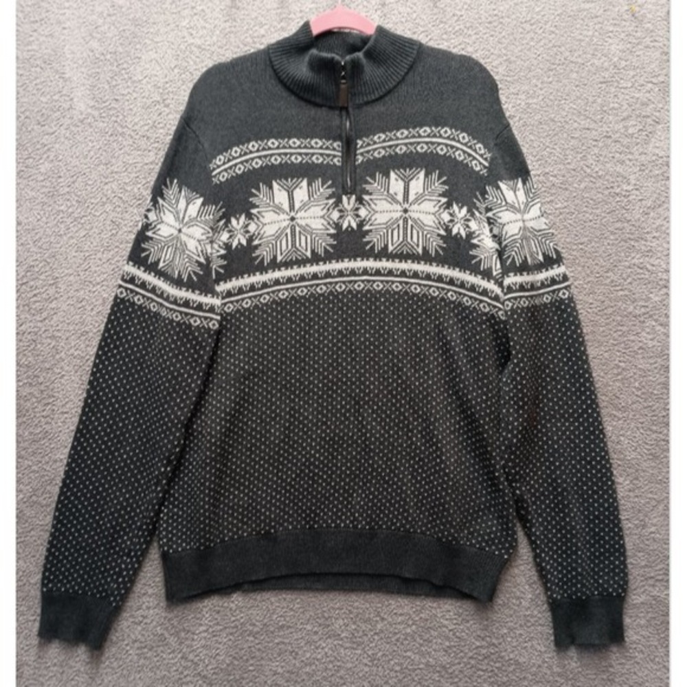 Aspen Men's L Gray 100%‎ Cotton Nordic Half-Zip Sweater Snowflake Fair Isle Knit